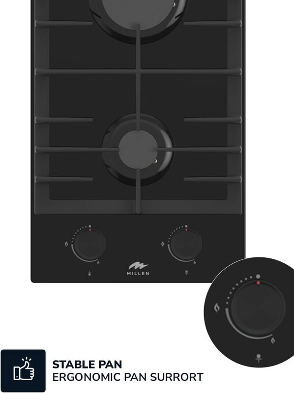 MILLEN MGHG 3002 BL 30 cm Built-in 2 Burners Gas Hob - Glass Finish, 3900 Watts, Mechanical and Electric Ignition Control, 3 Year Warranty